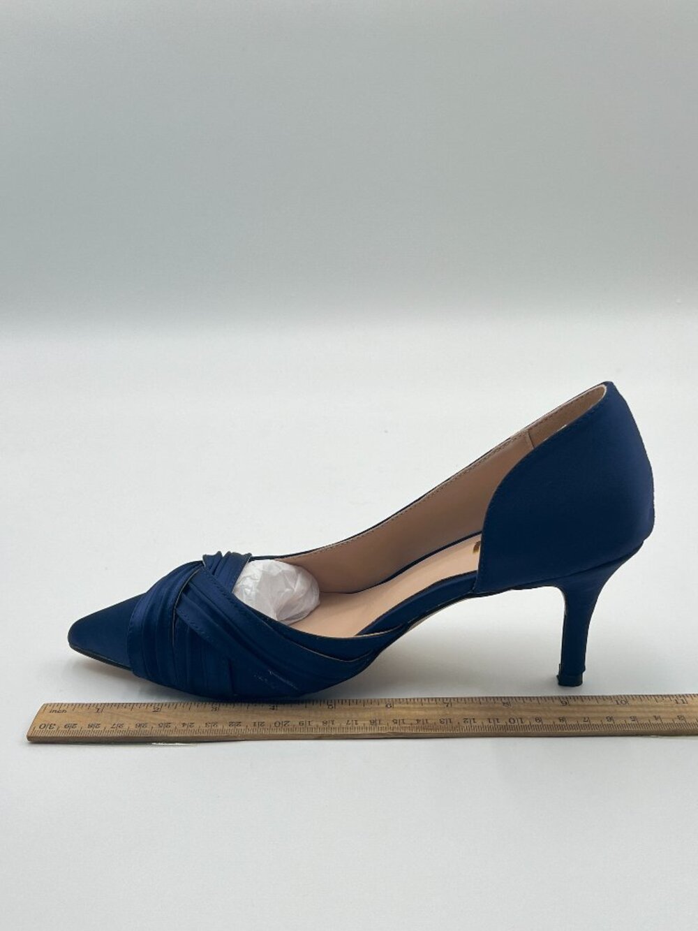 FSJ Navy Mid Heels Pointed Toe Slip on Pumps D'Orsay Pleated Satin Evening Shoes